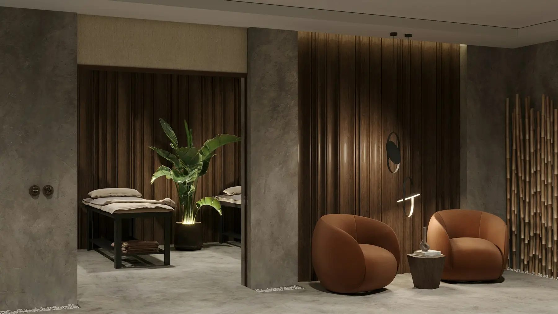 A quiet spa relaxation room with loungers